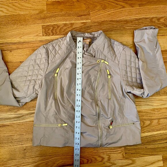 Ellen Tracy Sz Large Cropped Moto Jacket Diagonal Zip Front Quilted Khaki Gold - Picture 8 of 10